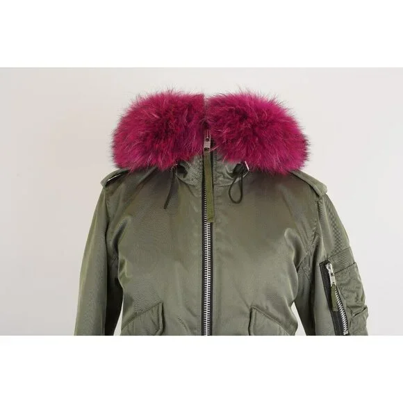 SAM Women's Large Fur Trim Down Bomber Jacket Green SZ XS $595